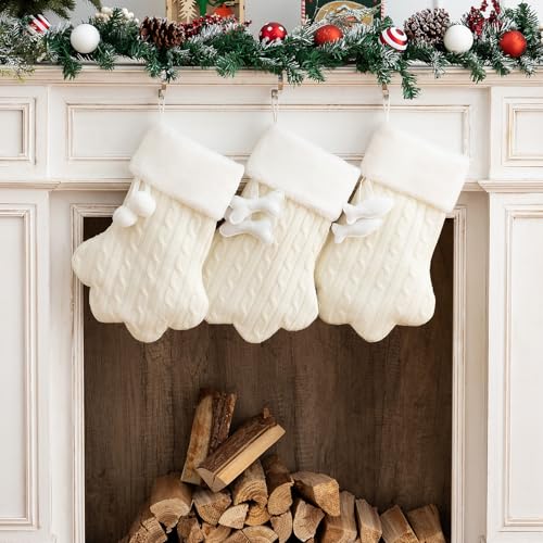 White Knit Cat Paw Christmas Stockings with Faux Fur Cuff S239