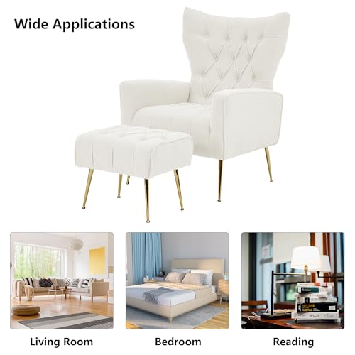 White Upholstered Boucle High Wingback Armchair with Gold Metal Legs F44254