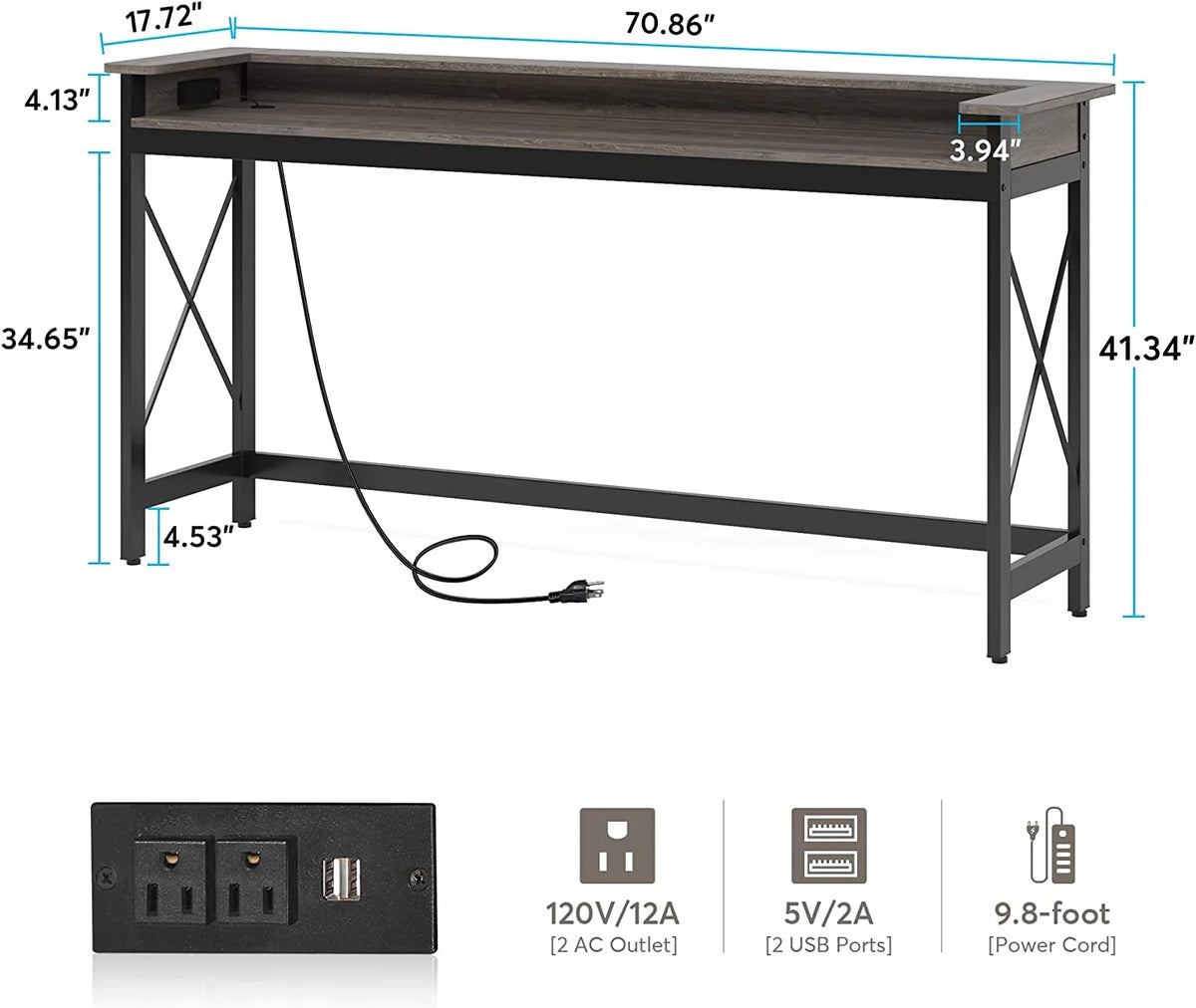 Grey 70.9 inch Console Table with Outlets and USB Ports Z63283