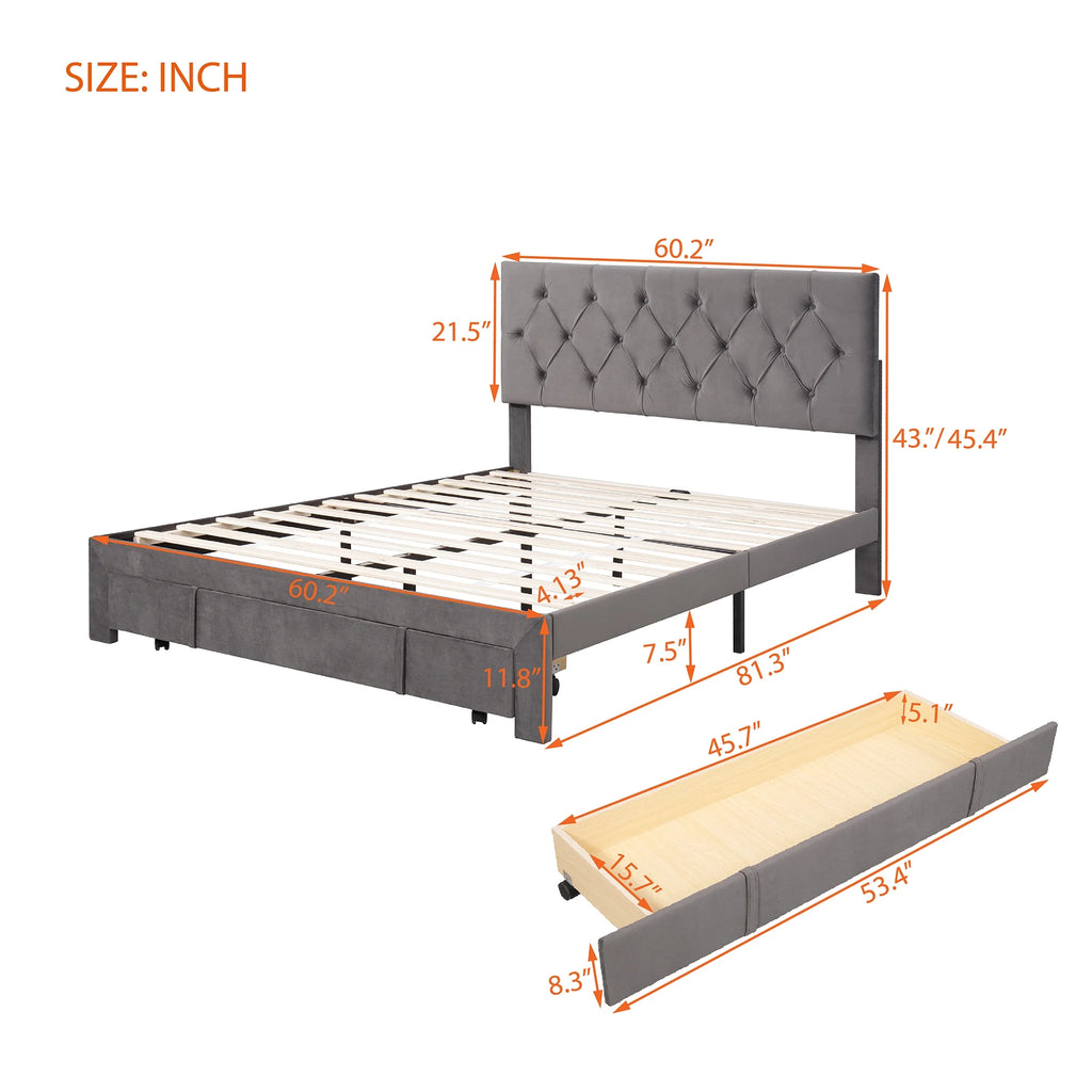 Queen Velvet Tufted Upholstered Platform Bed Frame with Drawers A599