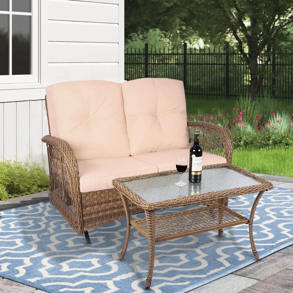 Outdoor Wicker Patio Glider Set with Glass-Top Coffee Table D505770