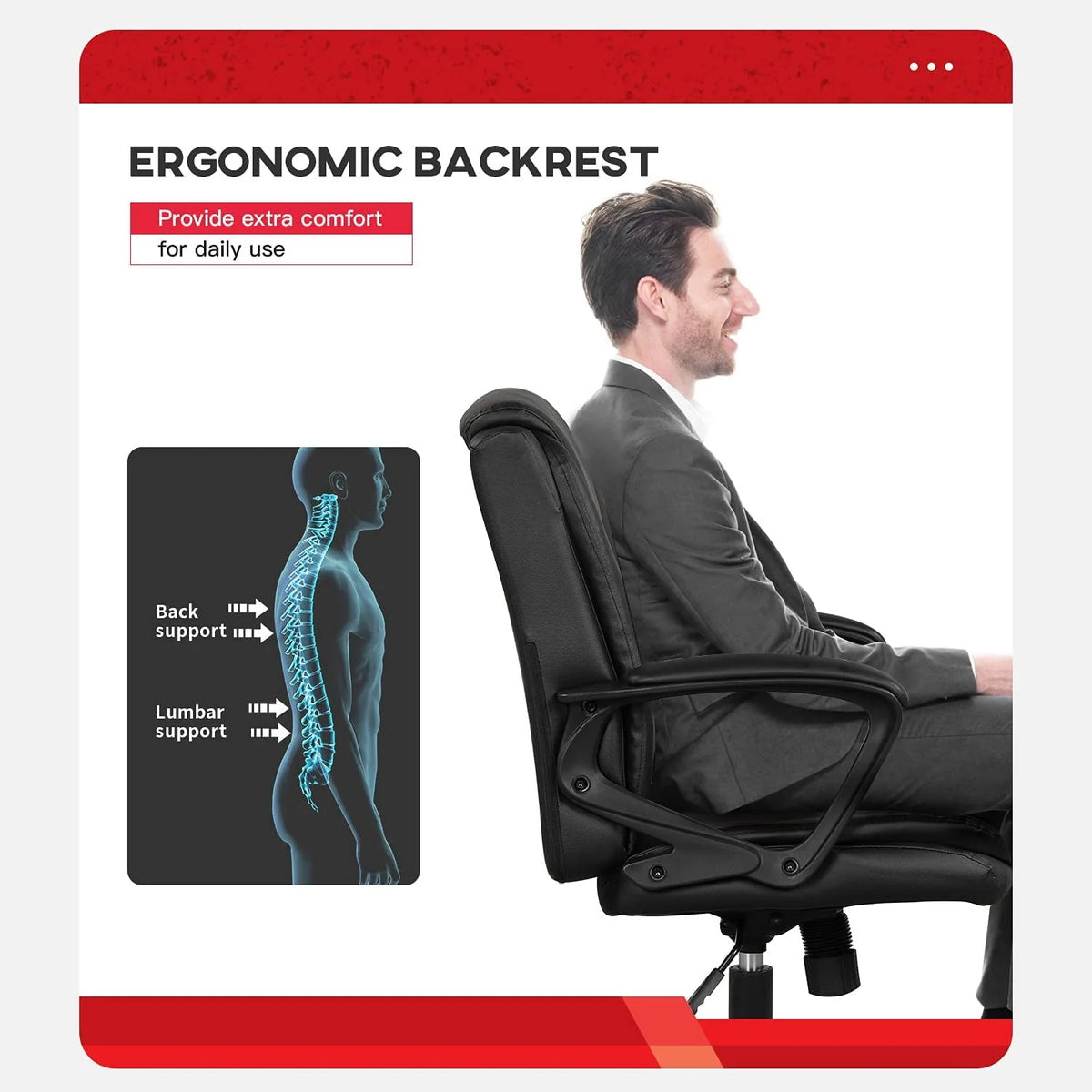 Black Ergonomic PU Leather Office Chair with Lumbar Support Q250683