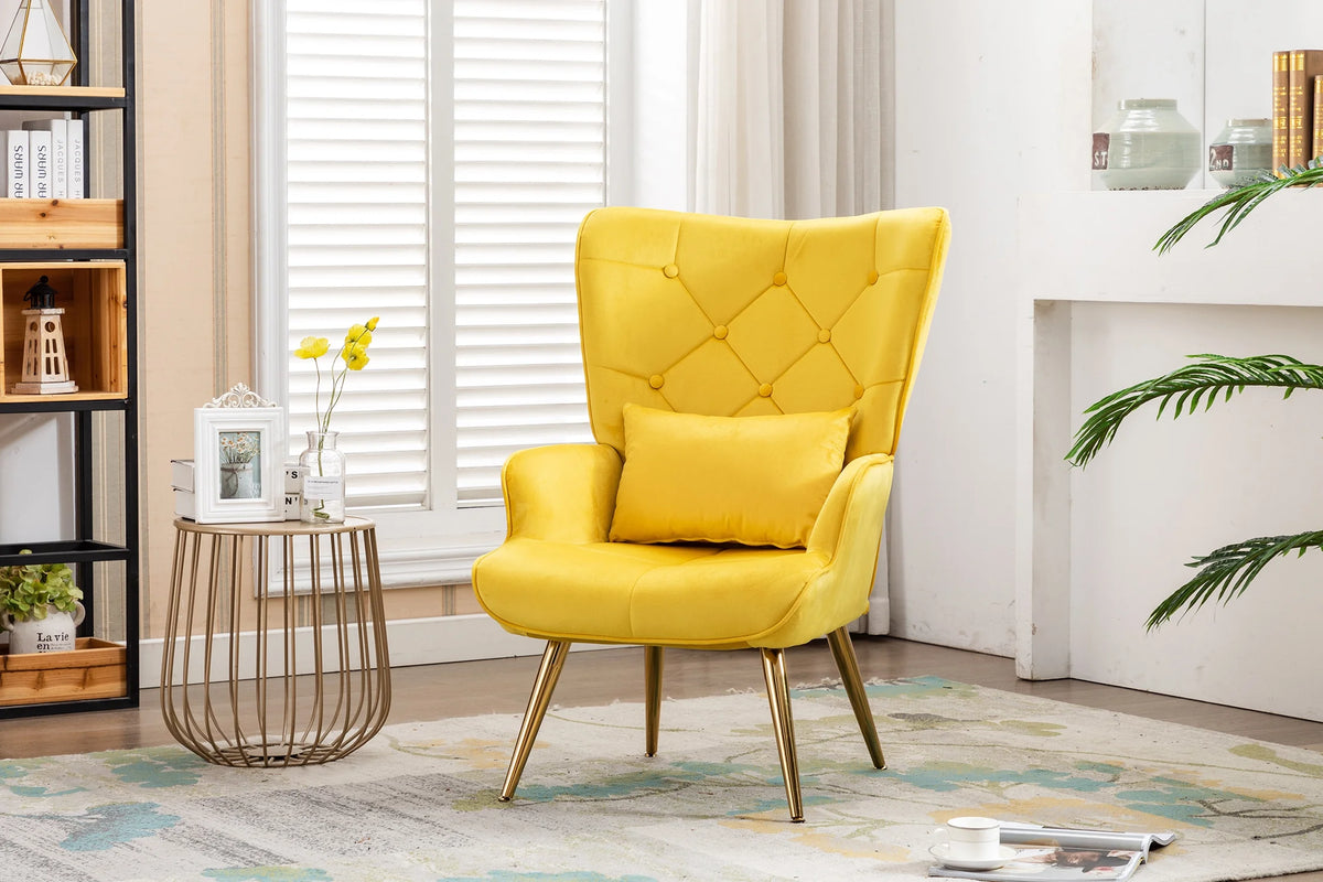 Yellow Velvet Wing Back Accent Chair with Pillow Z82364