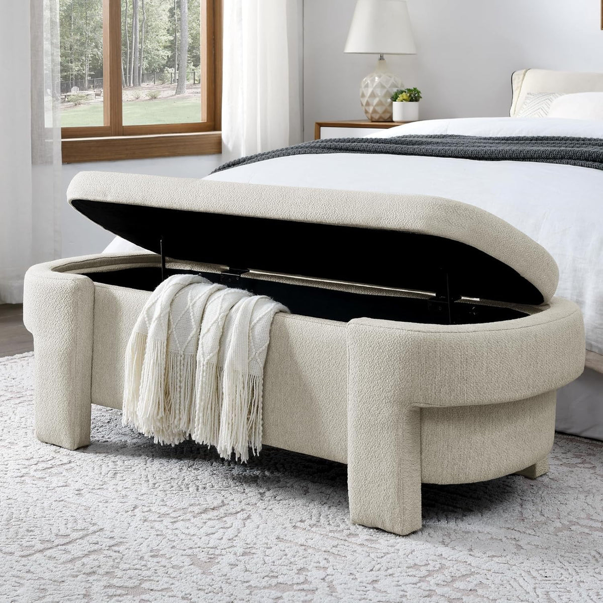 51.5" Oval Linen Fabric Upholstered Storage Bench C27857