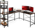 Brown Black L-Shaped Corner Computer Desk with 5-Tier Open Storage Bookshelves X3476