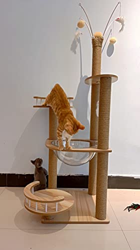 Wooden Large Cat Tree Floor to Ceiling Cat Tower Height Adjustable with Natural Sisal Rope Scratching Post Cozy Bed J840774
