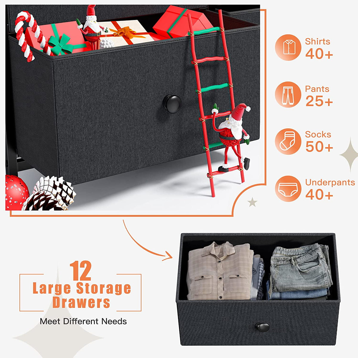12 Drawer Fabric Dresser with Wood Top and Metal Frame T990