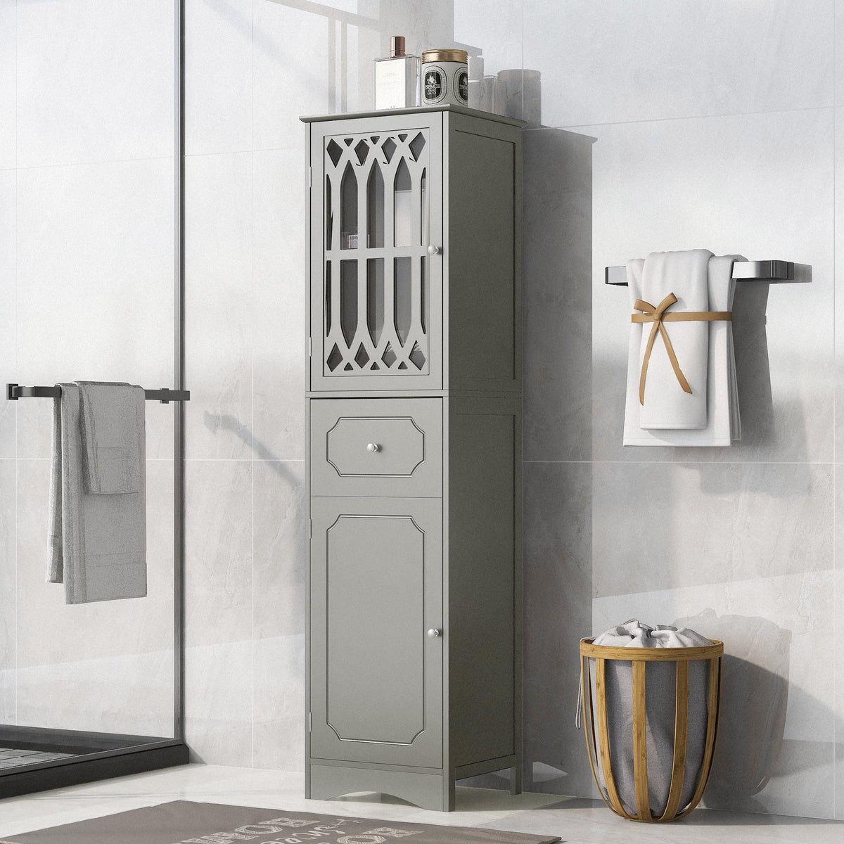 Tall Bathroom Storage Cabinet with Doors Drawers Wood Floor Freestanding Organizer I47954