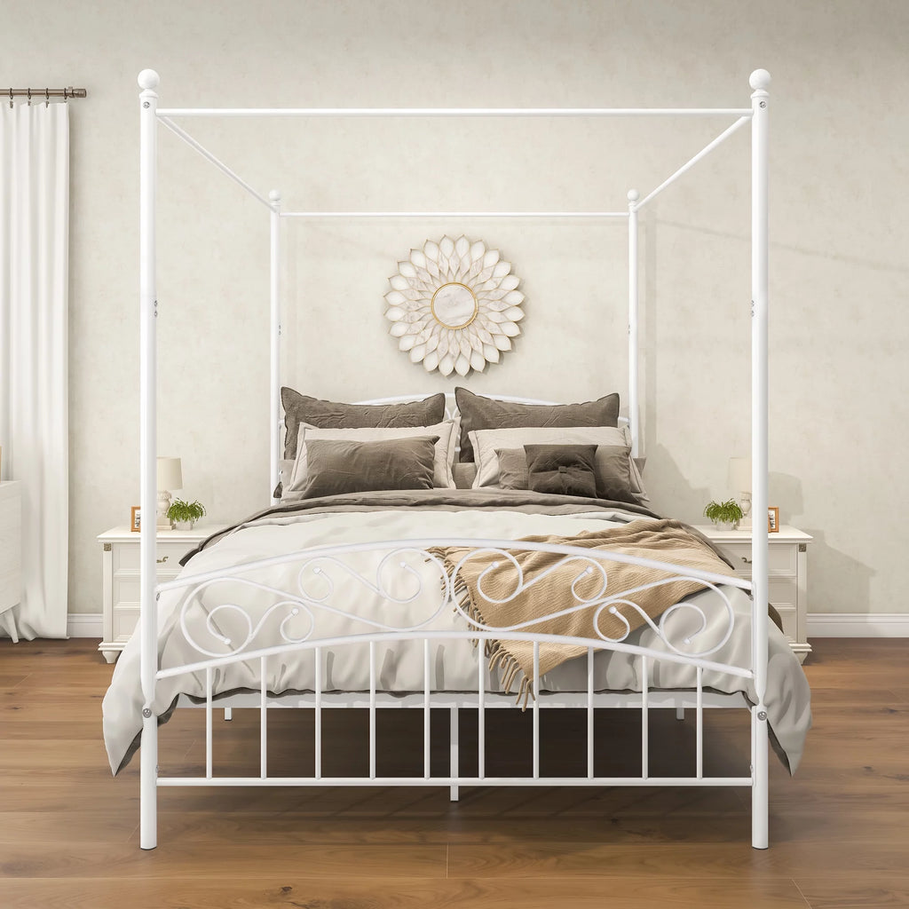 Queen Size Black Metal Canopy Bed Frame with Headboard C8429