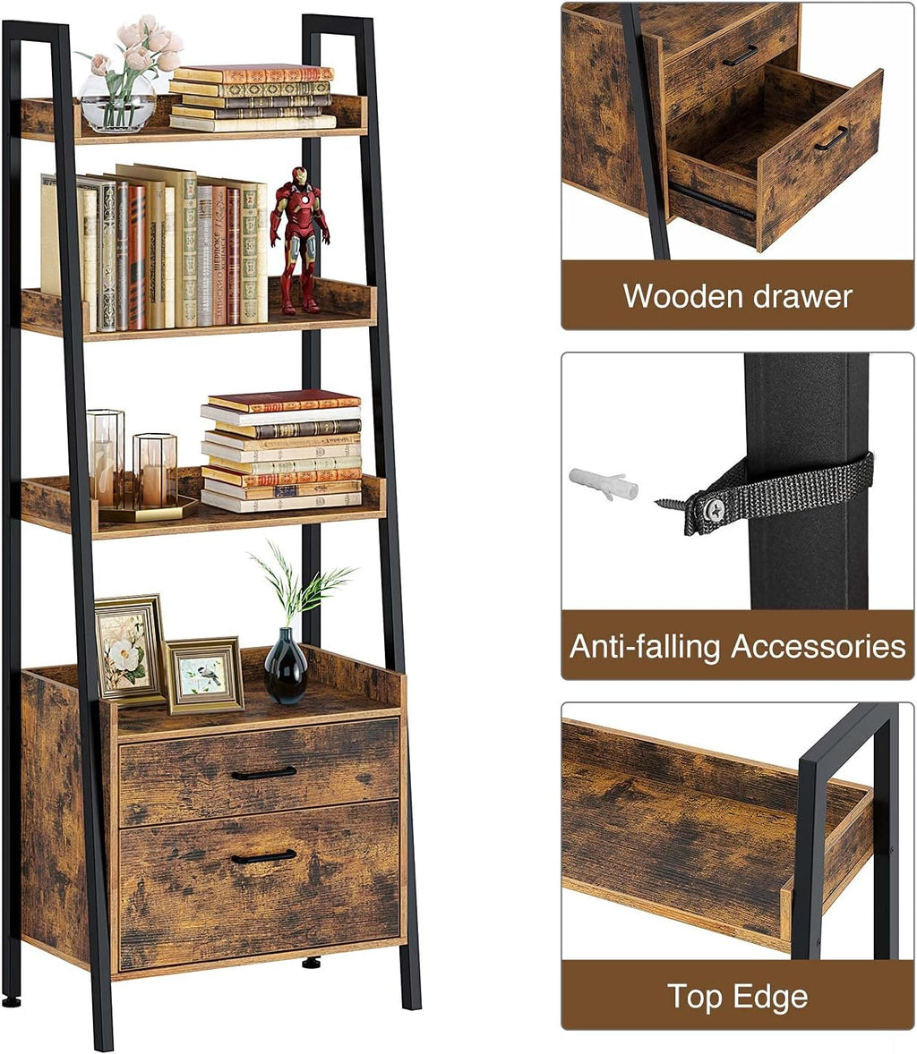 4 Tier Wood Ladder Shelf with 2 Drawers M2335