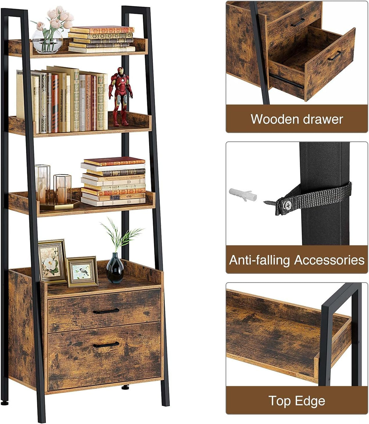 4 Tier Wood Ladder Shelf with 2 Drawers M2335
