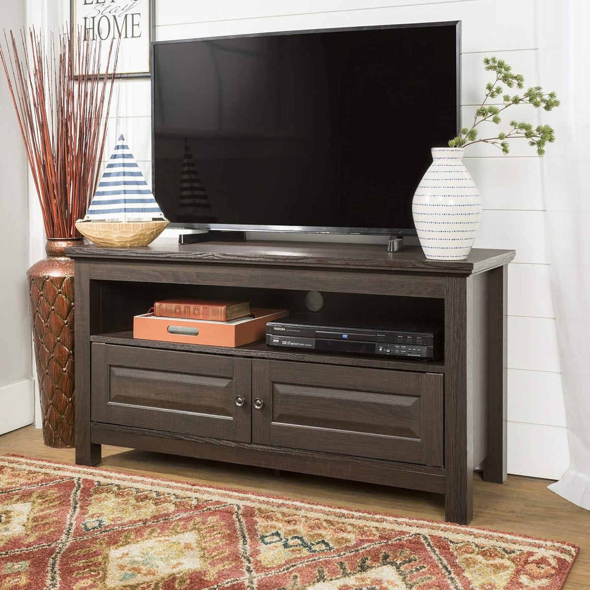Black 42 Inch Wood TV Stand with Cabinet Doors and Open Shelves N90367