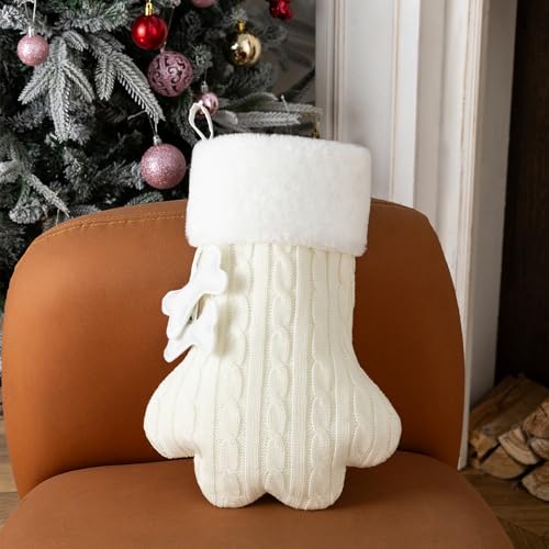 White Knit Cat Paw Christmas Stockings with Faux Fur Cuff S239