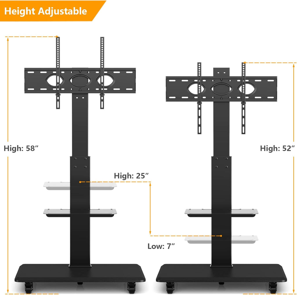 Tall Rolling Floor TV Stand with Lockable Caster Wheels and Shelves, Black A726613