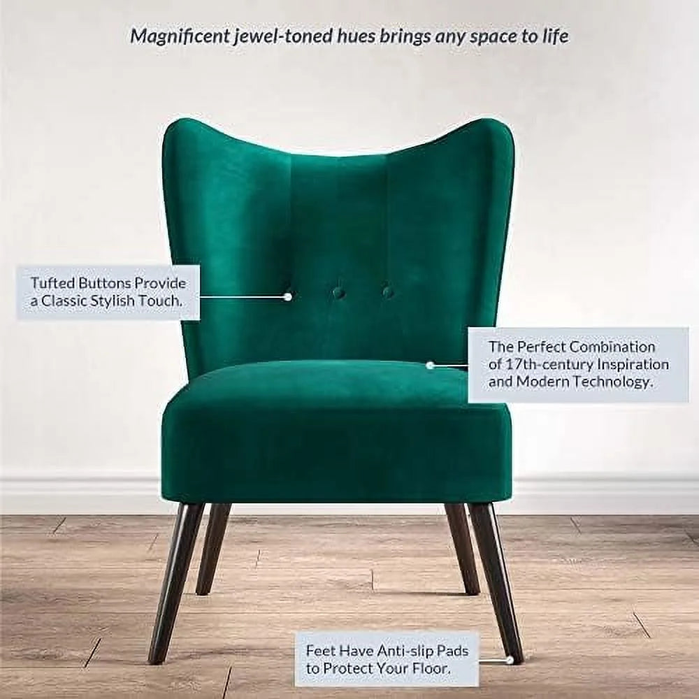 Green Velvet Upholstered Accent Chair with Wood Legs W2300