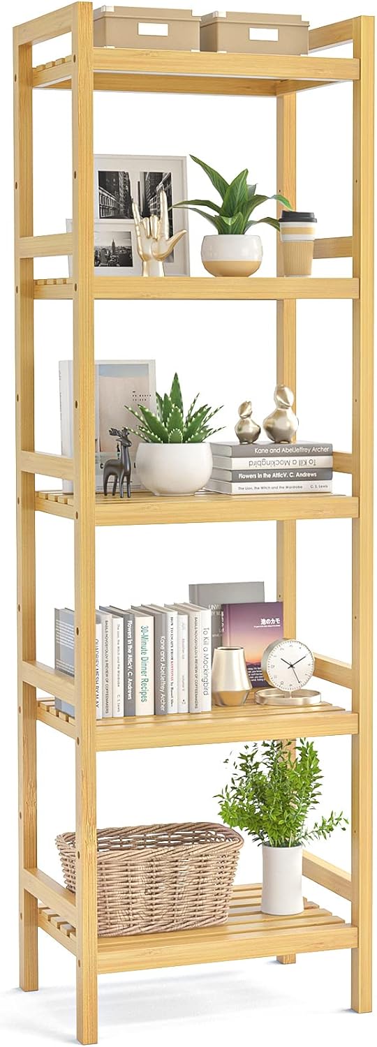 White 5-Tier Narrow Bamboo Bookshelf W38253
