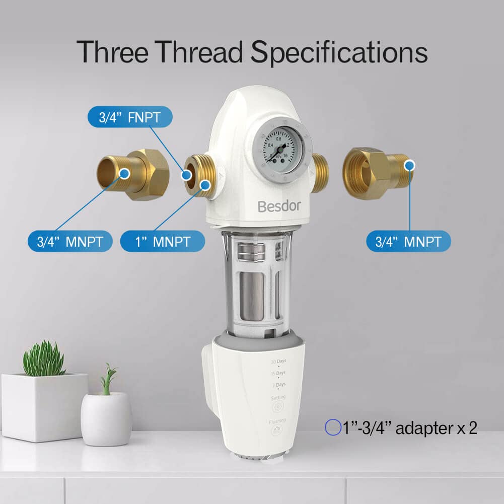 Spin Down Sediment Water Filter, 40 Micron Auto Flushing, Reusable Whole House Prefilter System, 1" MNPT + 3/4" FNPT + 3/4" MNPT, BPA Free, 20 GPM T3002
