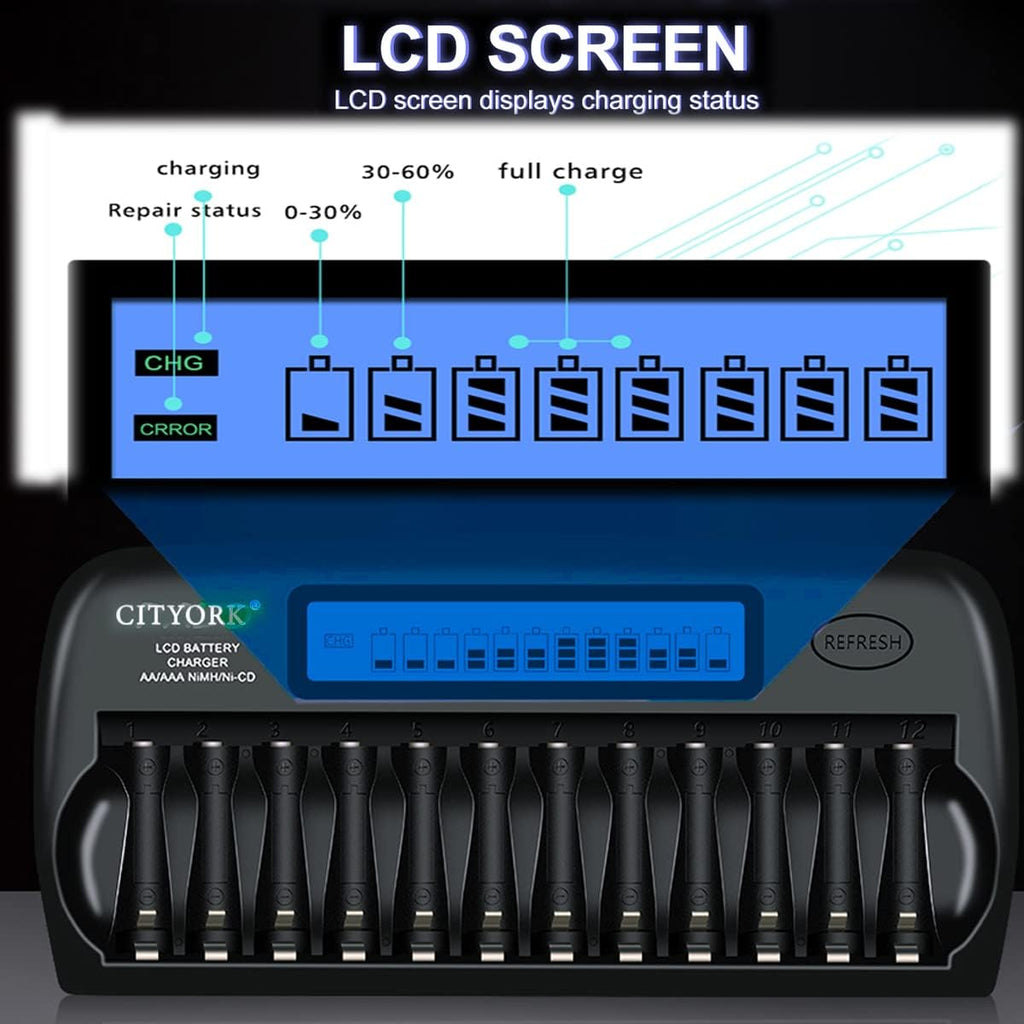 12 Slot LCD Smart Rechargeable Battery Charger for AA AAA NiMH NiCD I68789