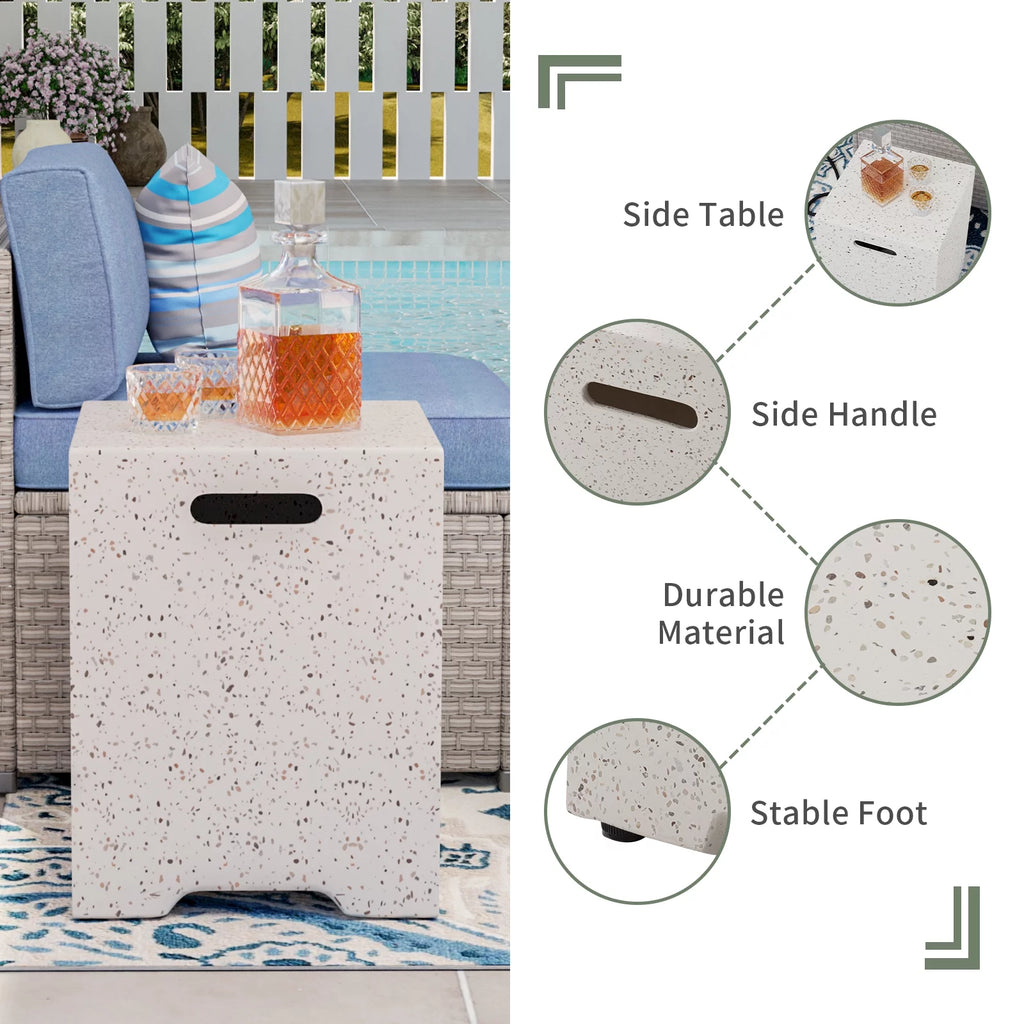 35-inch Square Terrazzo White Propane Fire Pit with Wind Guard and Side Table F5936