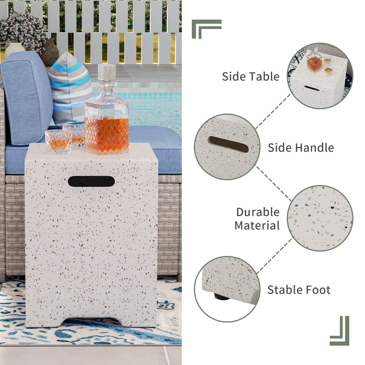 35-inch Square Terrazzo White Propane Fire Pit with Wind Guard and Side Table F5936