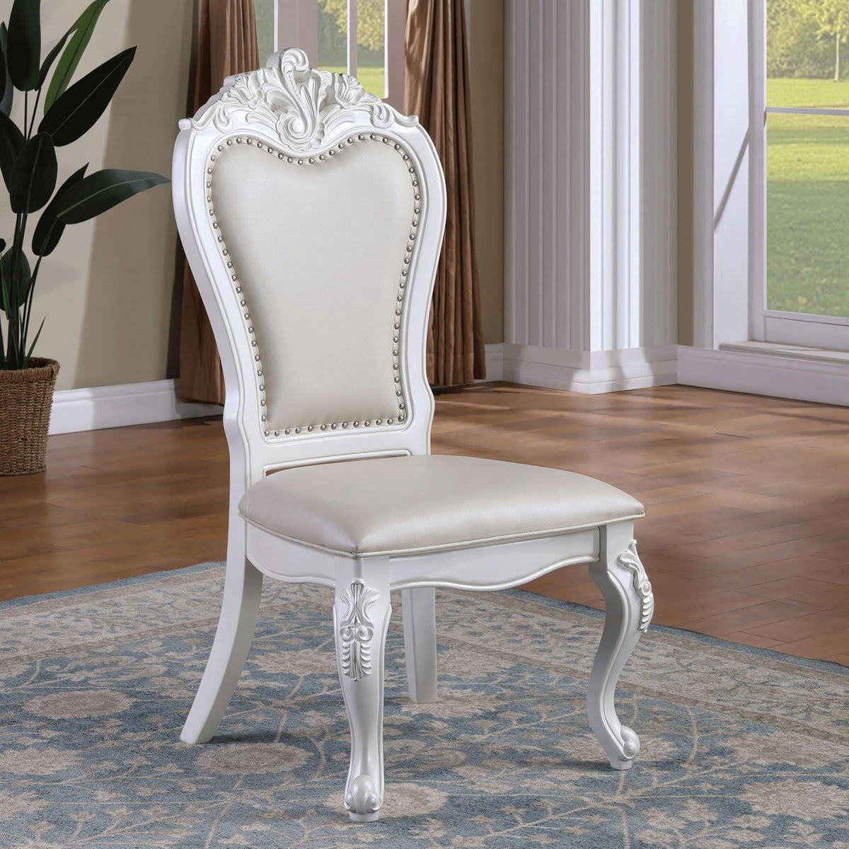 Solid Wood 7-Piece Dining Set with Expandable Table and 6 Leather Padded Side Chairs, White O461053