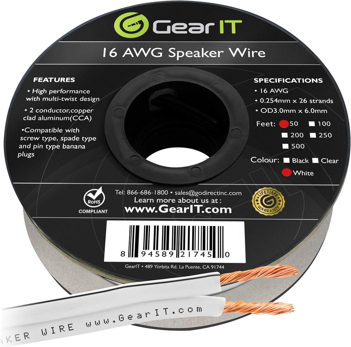16AWG Black Speaker Wire Cable 500 Feet P2114