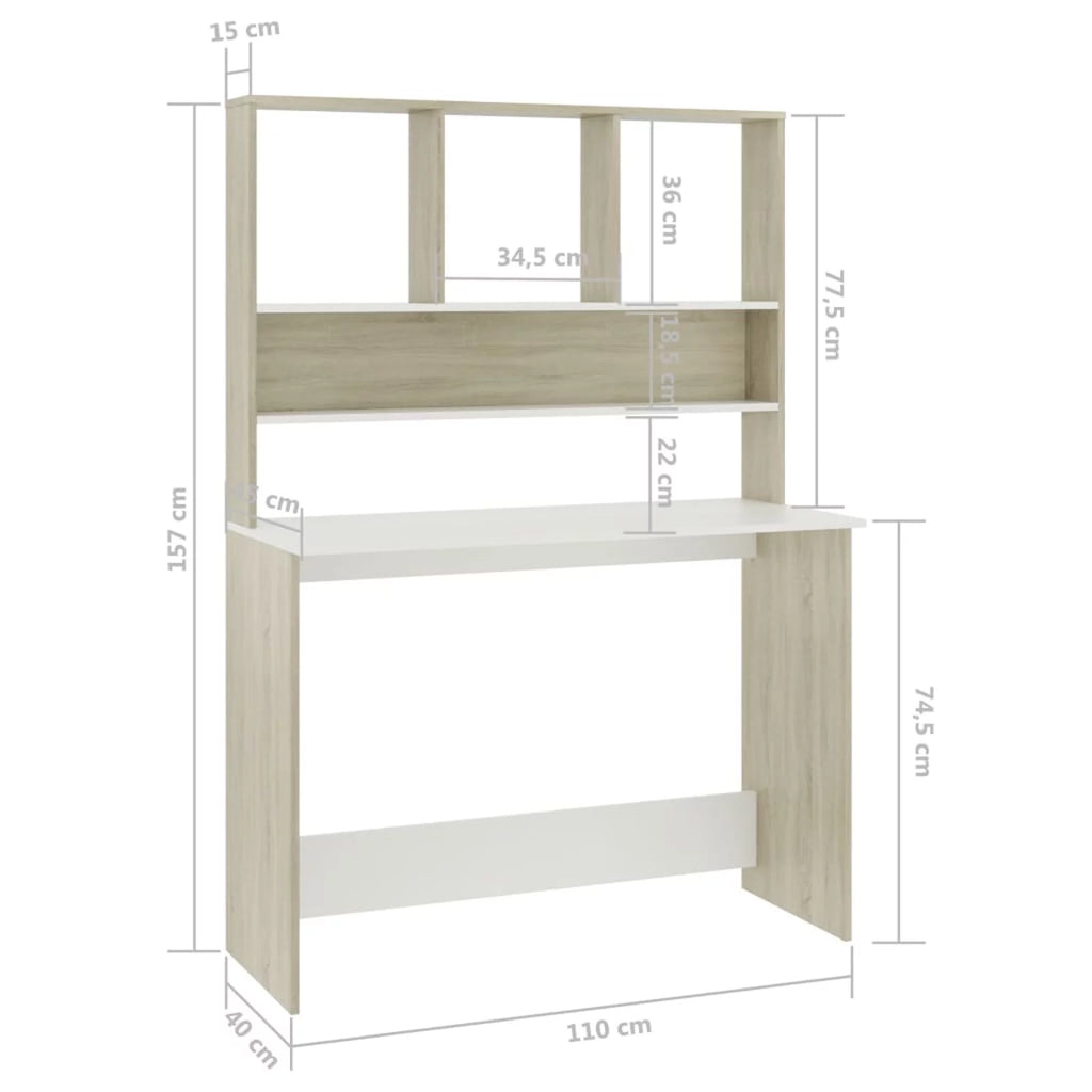 White and Sonoma Oak Engineered Wood Desk with Shelves K53573
