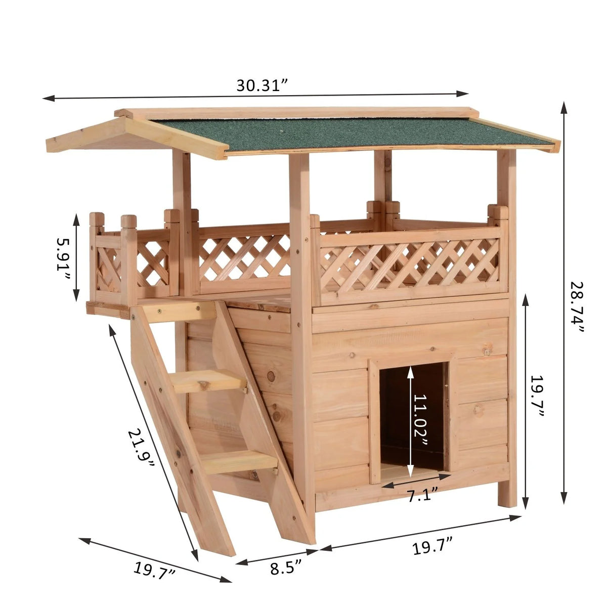 2-Story Wooden Cat House Shelter With Balcony Roof E8880