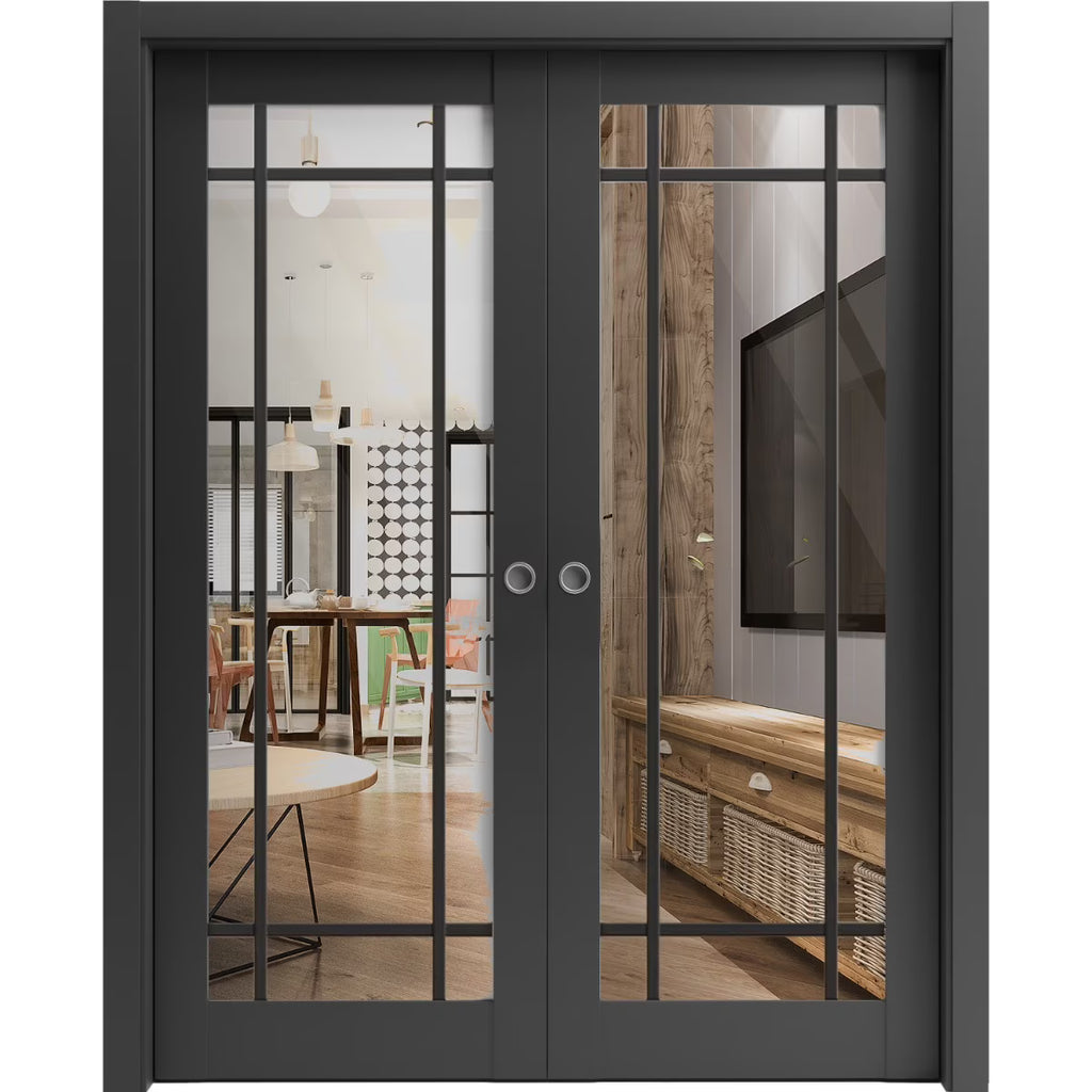Matte Black Clear Glass Sliding French Double Pocket Doors Y72155