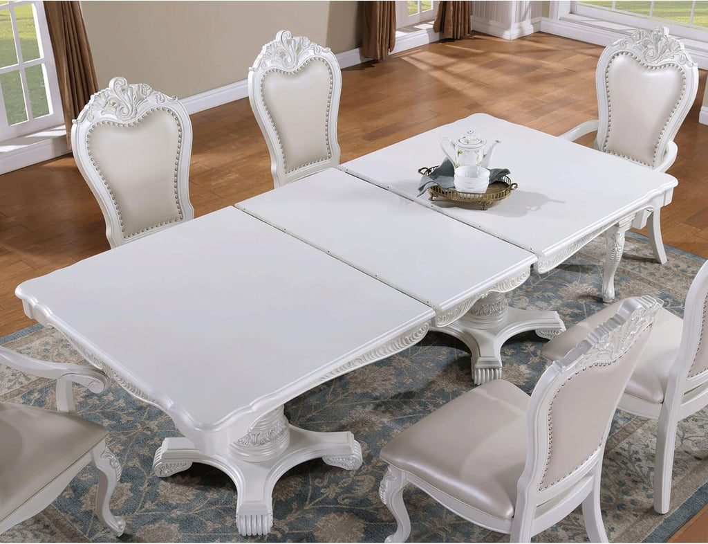Solid Wood 7-Piece Dining Set with Expandable Table and 6 Leather Padded Side Chairs, White O461053