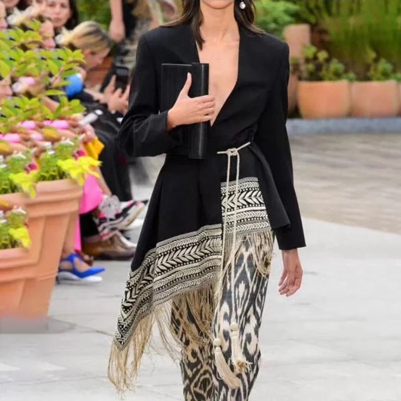 Aztec Embroidery Fringe Asymmetric Longline Blazer Dress A160