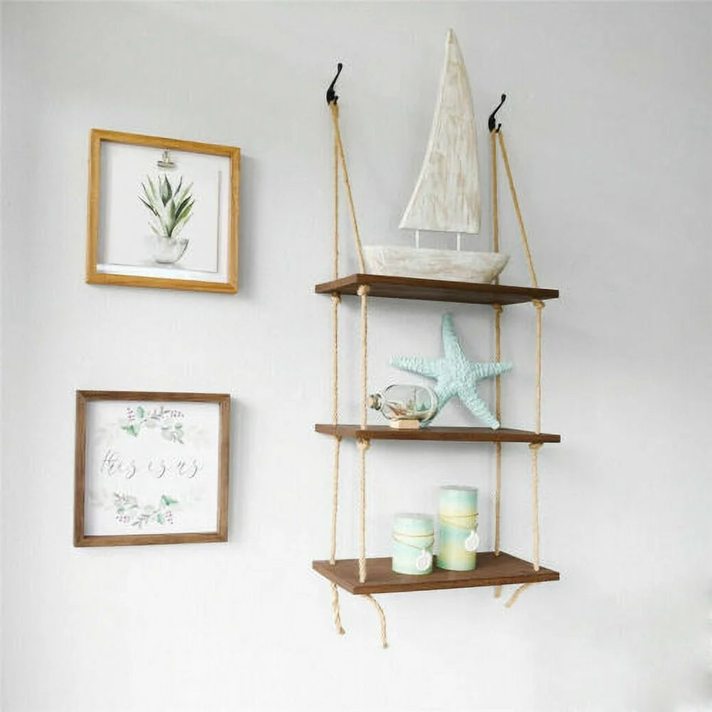 Rustic Wooden 3 Tiers Wall Hanging Rope Shelf L645799