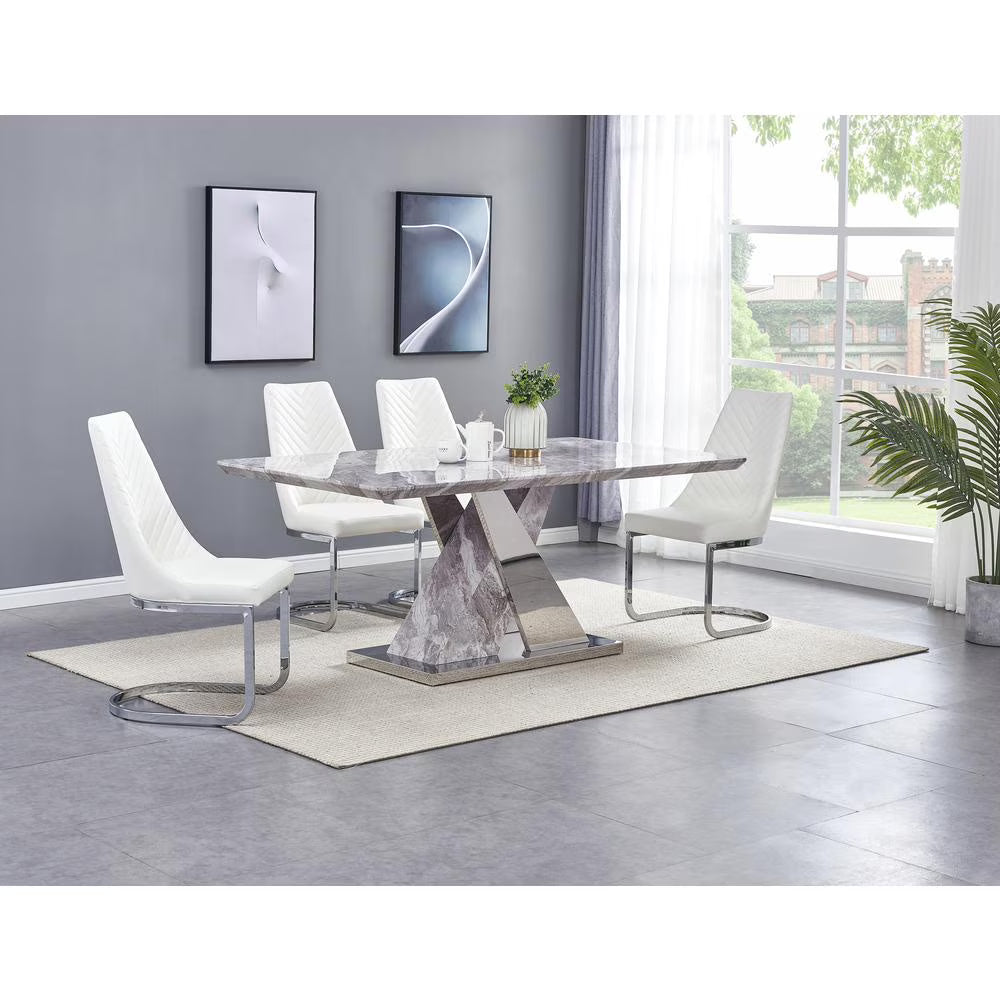 5pc Faux Marble Chrome Chairs White Faux Leather P352171