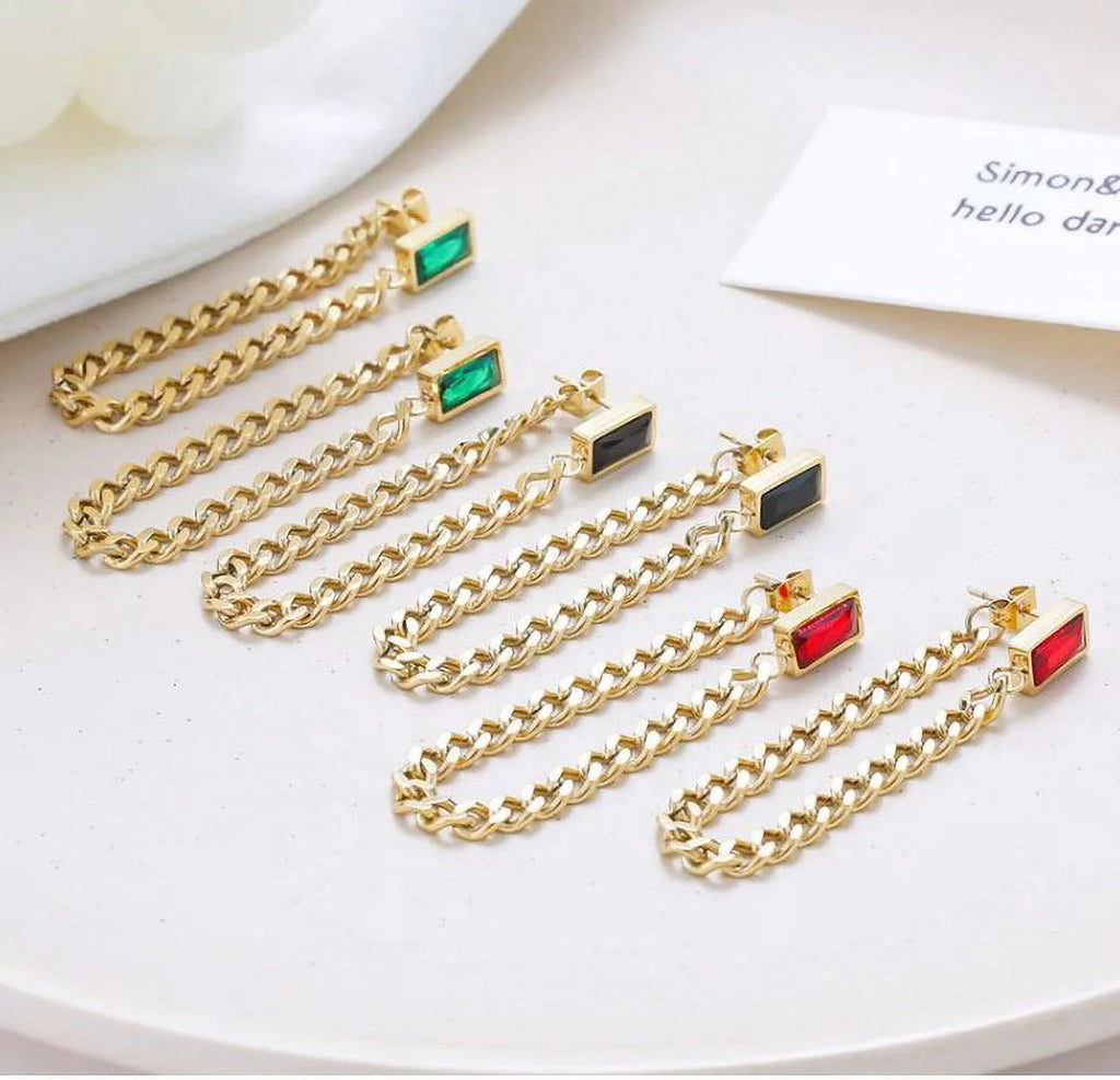18K Gold Plated Stainless Steel Baguette Chain Earrings N4742