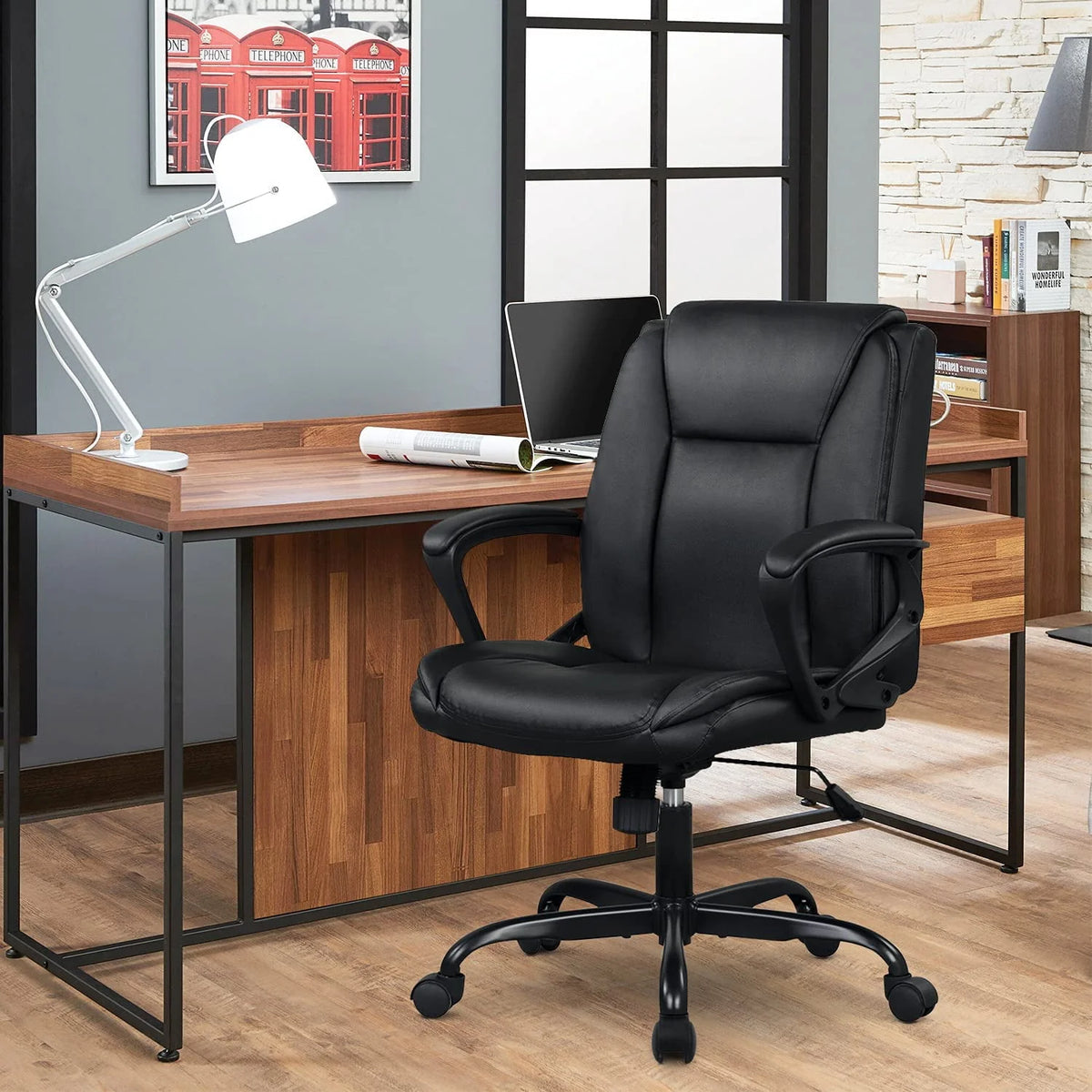 Black Ergonomic PU Leather Office Chair with Lumbar Support Q250683