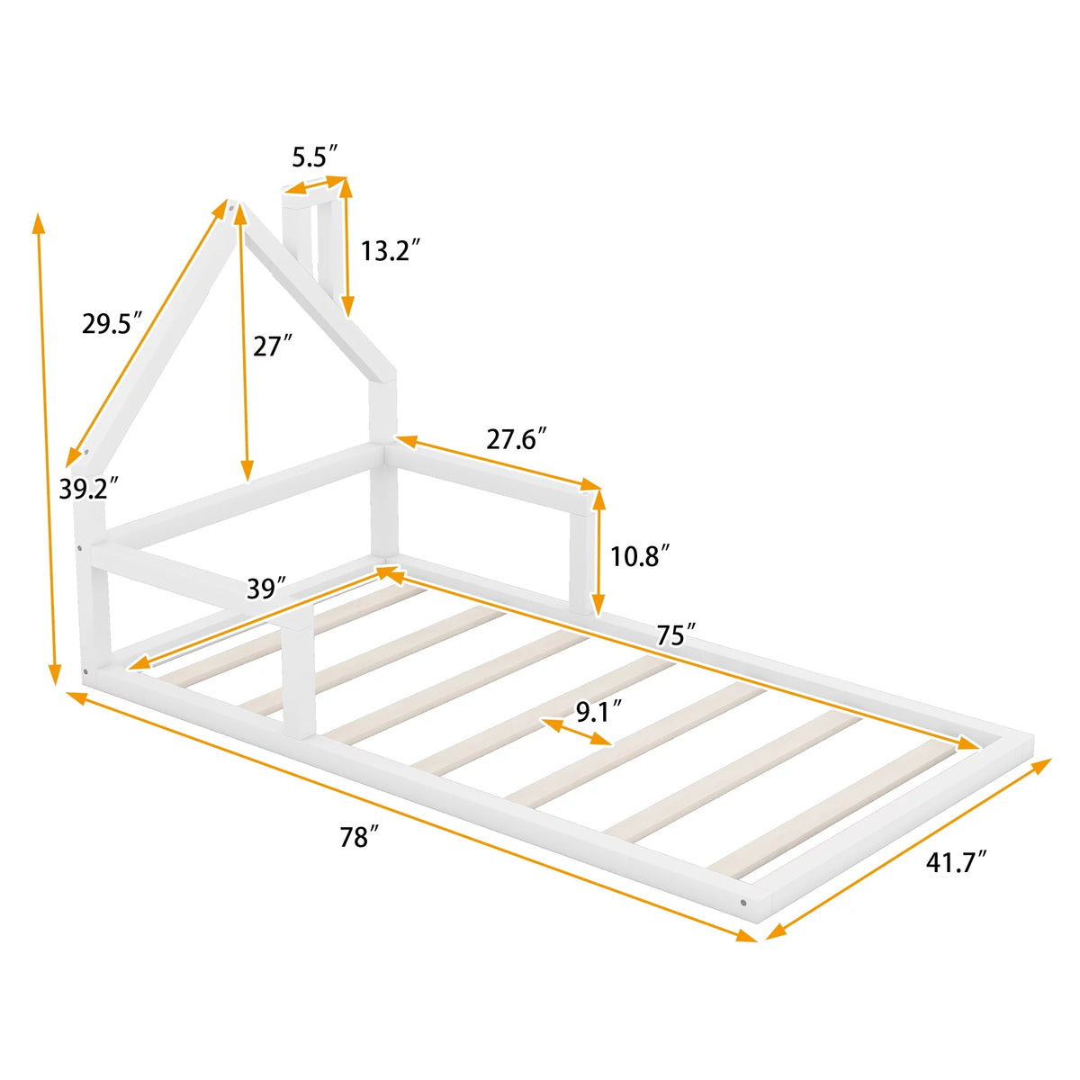 White Twin Size Wood Floor Bed with House-shaped Headboard G181