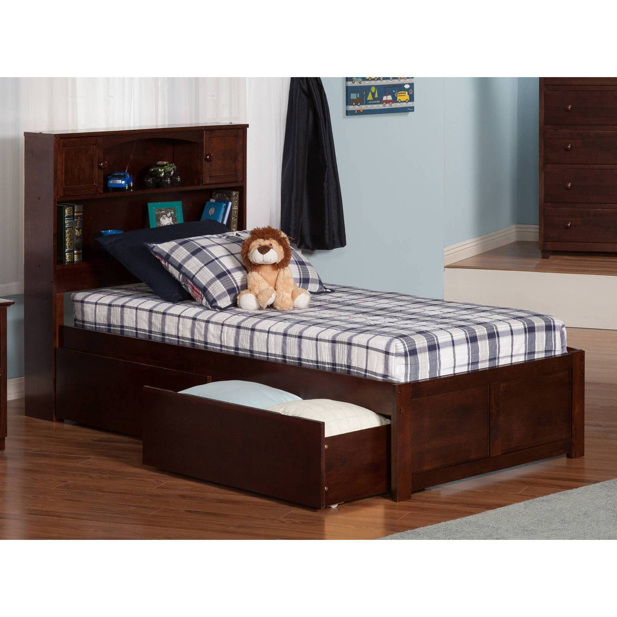 Twin Flat Panel Foot Board with 2 Bed Drawers Antique Walnut P267