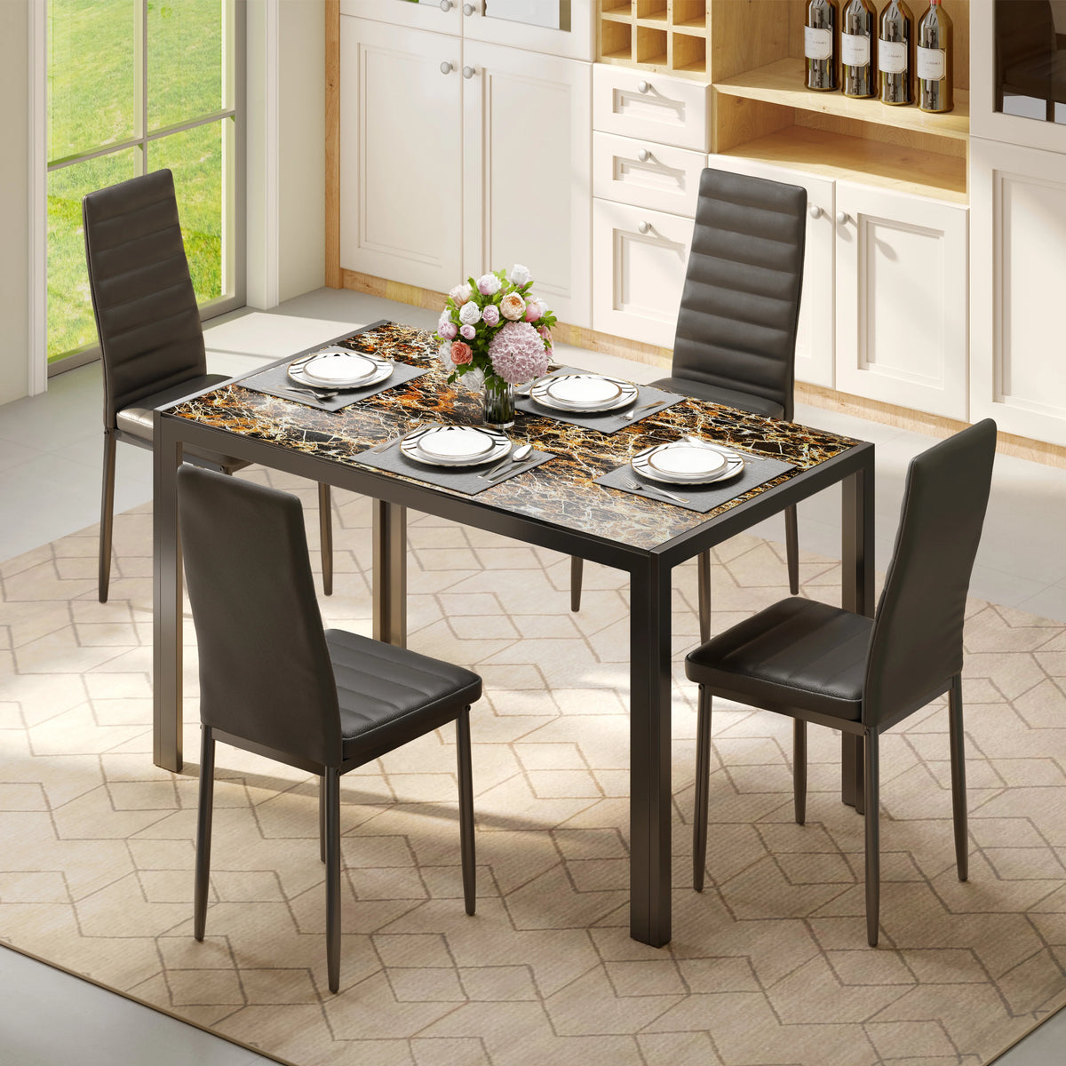 5-Piece Rectangular Kitchen Dining Table Set for 4 Black J72328