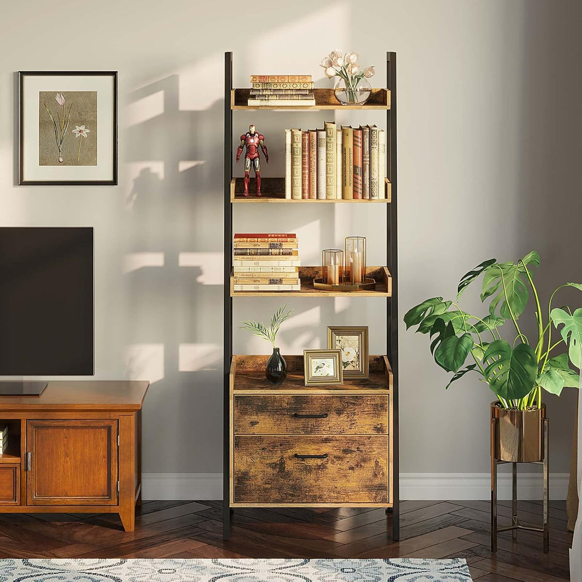4 Tier Wood Ladder Shelf with 2 Drawers M2335