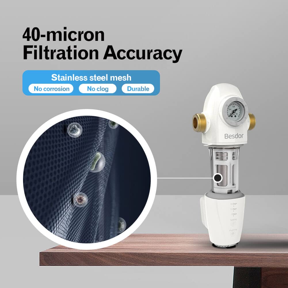 Spin Down Sediment Water Filter, 40 Micron Auto Flushing, Reusable Whole House Prefilter System, 1" MNPT + 3/4" FNPT + 3/4" MNPT, BPA Free, 20 GPM T3002