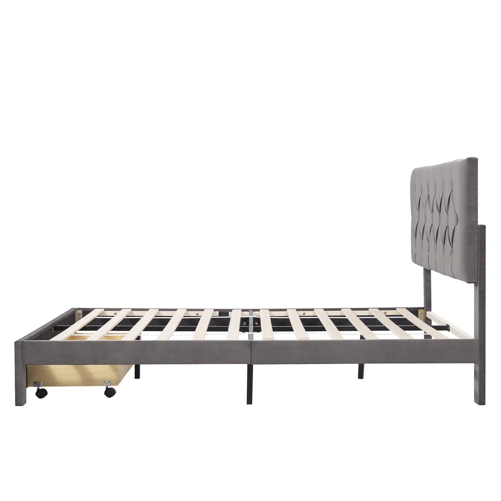 Queen Velvet Tufted Upholstered Platform Bed Frame with Drawers A599