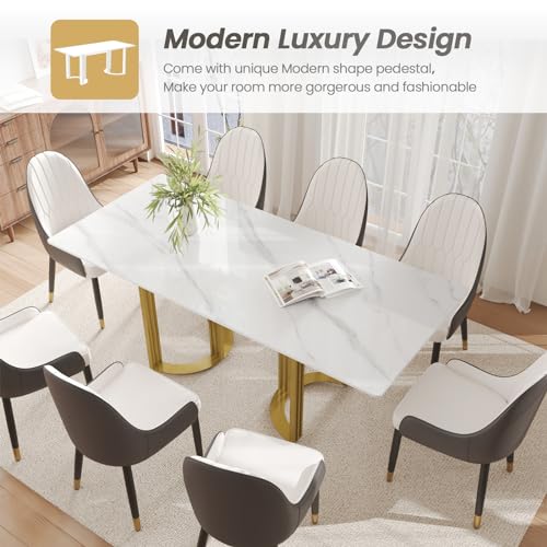 63" White Marble Dining Table with Gold Trestle Pedestal W6016