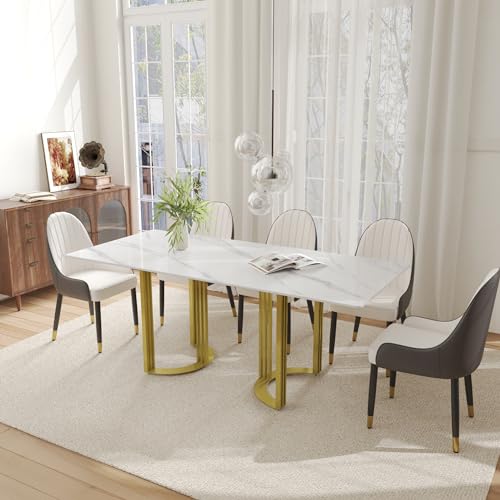 63" White Marble Dining Table with Gold Trestle Pedestal W6016