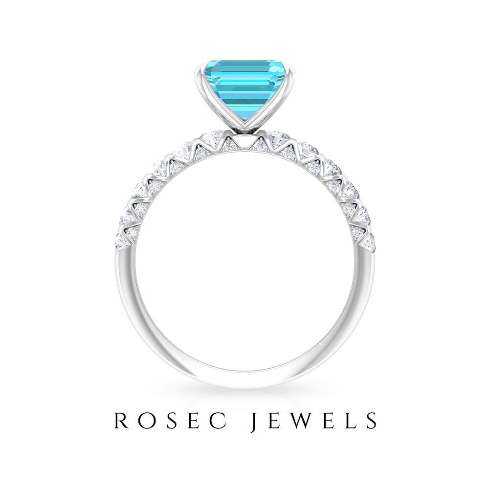 3.75 CT Swiss Blue Topaz Solitaire Ring with Diamond Side Stones, 925 Sterling Silver, US 4.00 P1633
