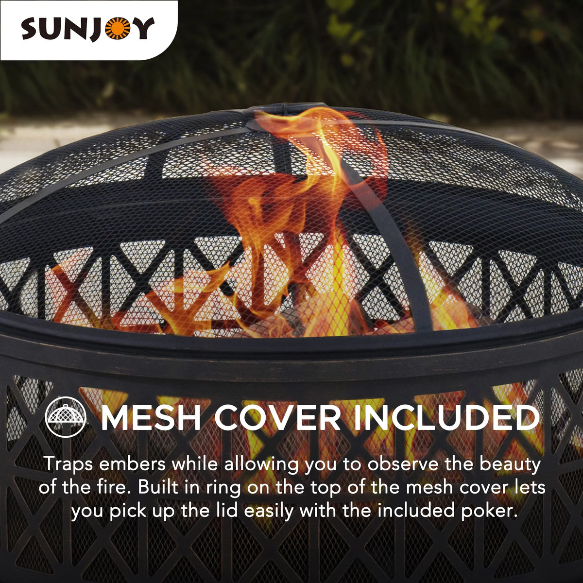 Black Round Steel Outdoor Fire Pit with Spark Screen and Fire Poker Z830