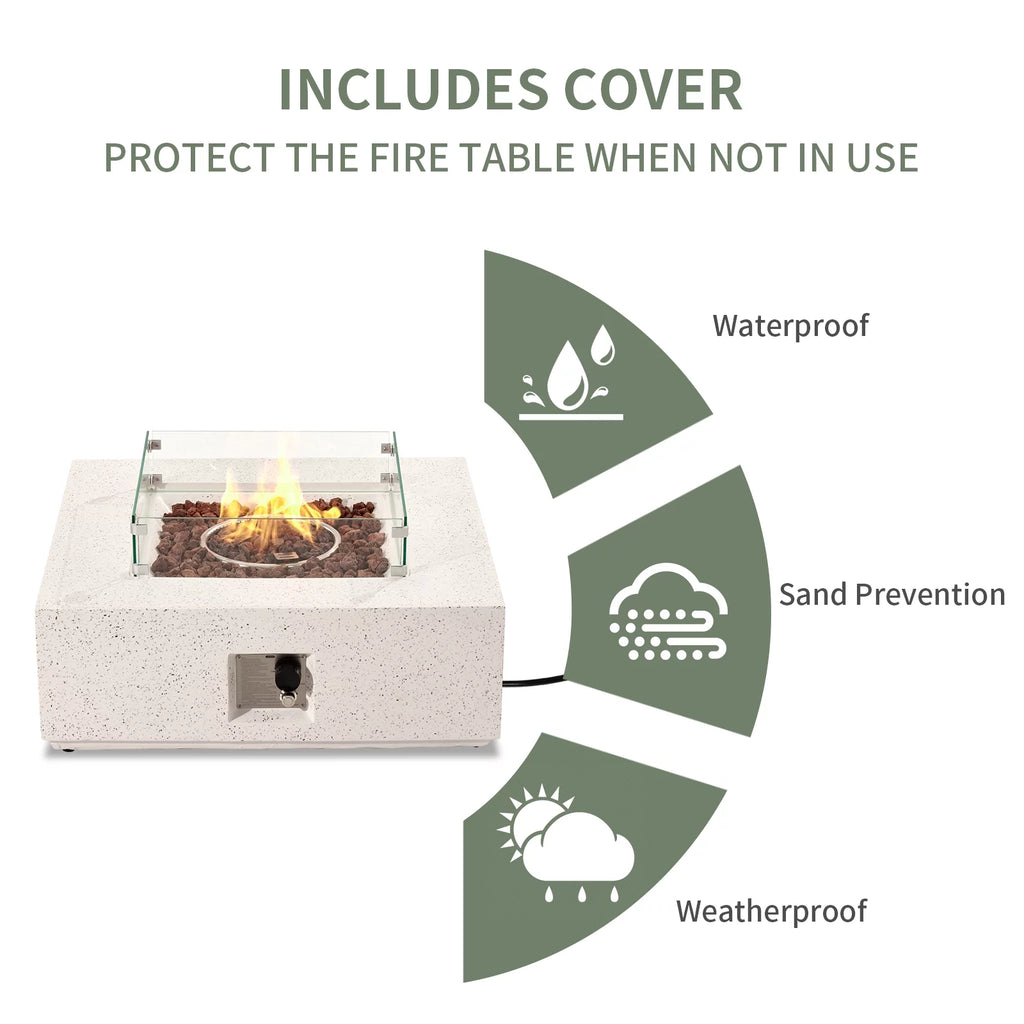 35-inch Square Terrazzo White Propane Fire Pit with Wind Guard and Side Table F5936