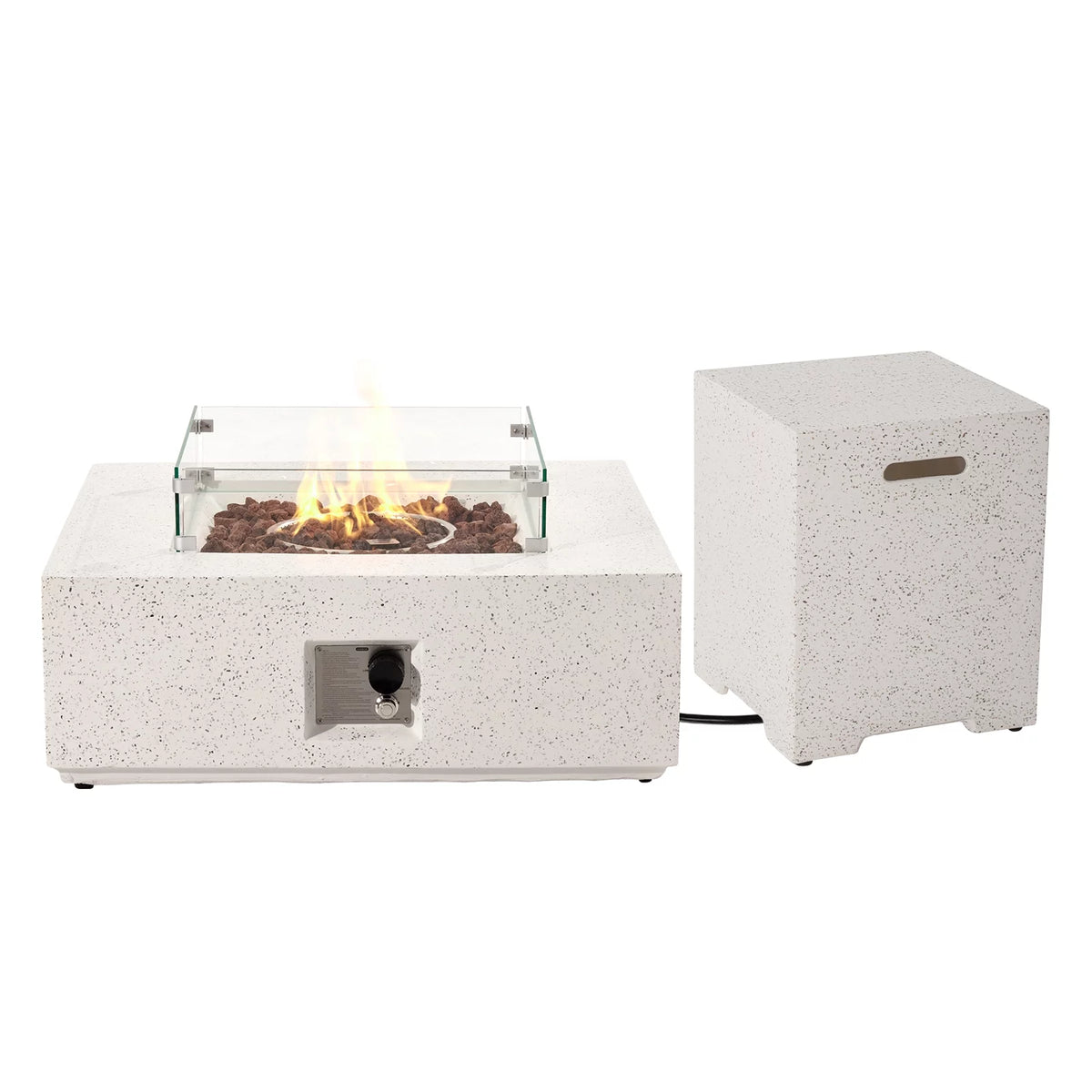 35-inch Square Terrazzo White Propane Fire Pit with Wind Guard and Side Table F5936