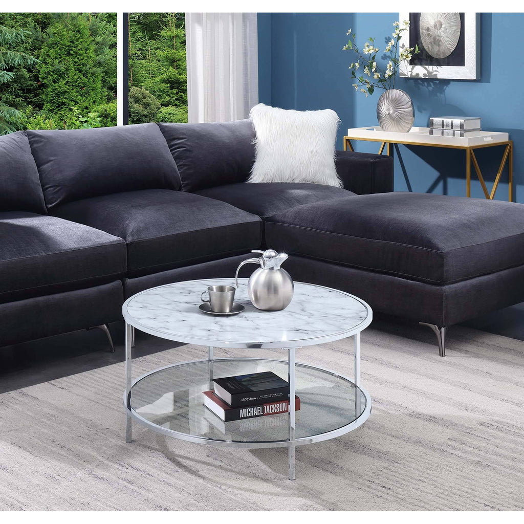 Round Coffee Table White Faux Marble Chrome Y329