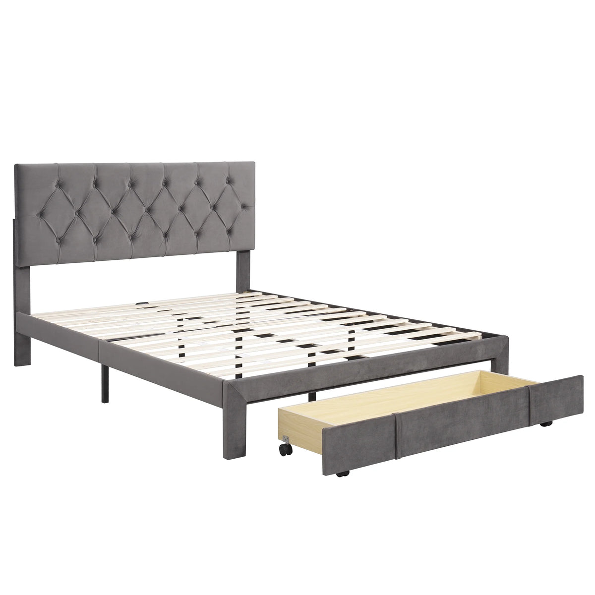 Queen Velvet Tufted Upholstered Platform Bed Frame with Drawers A599