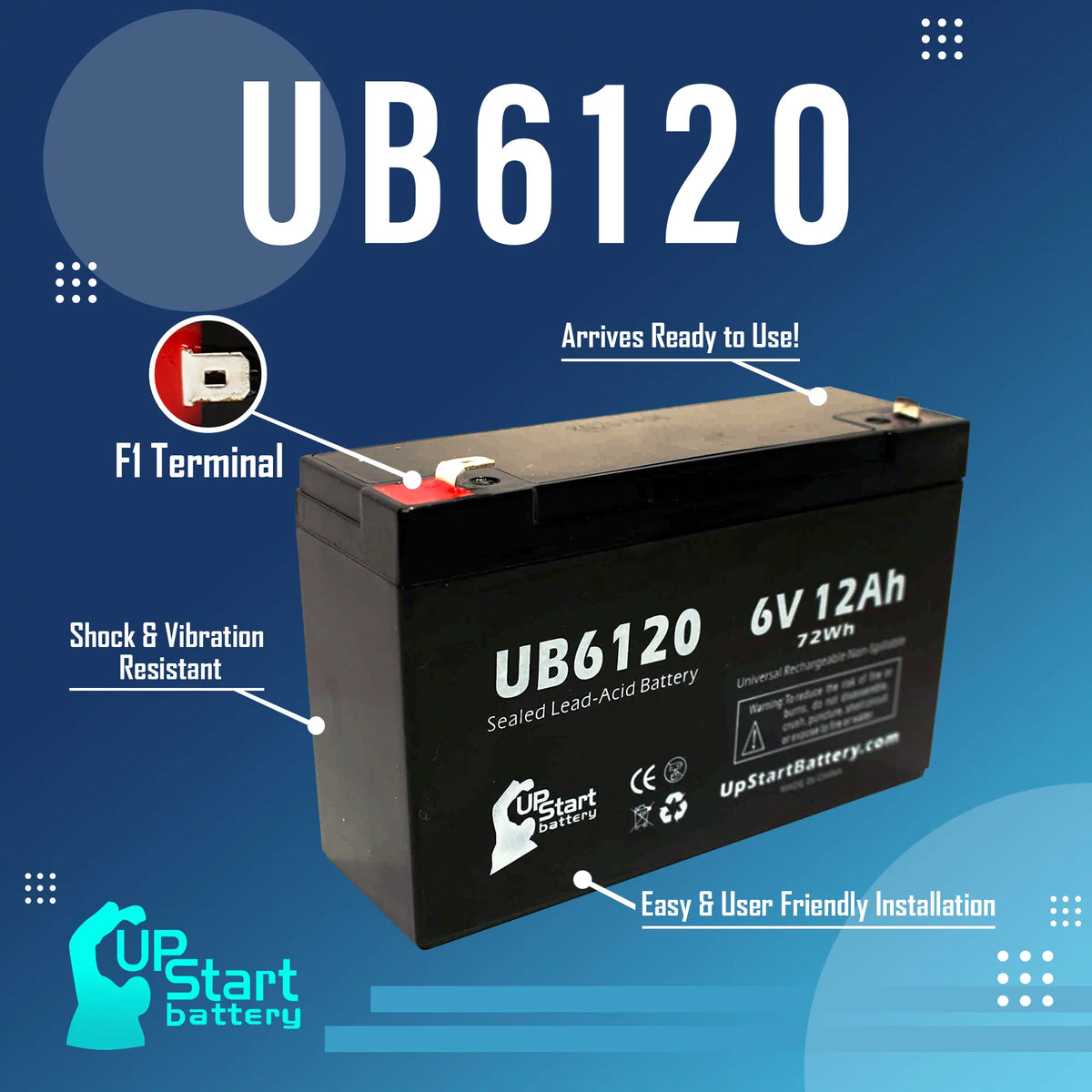 6V 12Ah Sealed Lead Acid Battery with F1 to F2 Terminal Adapters H5300